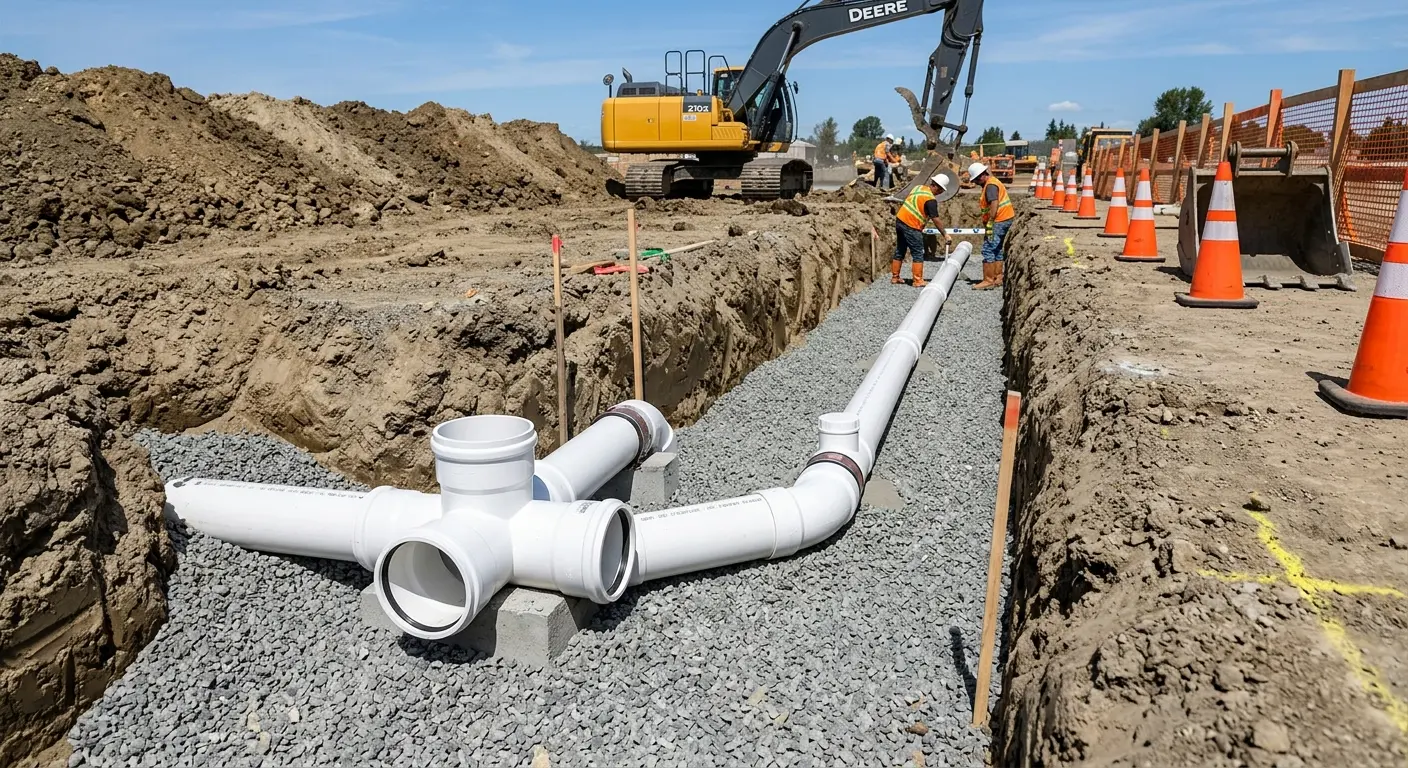 New PVC sewer pipe installation in open trench for Commercial Drain Cleaning in Lauderdale-by-the-Sea