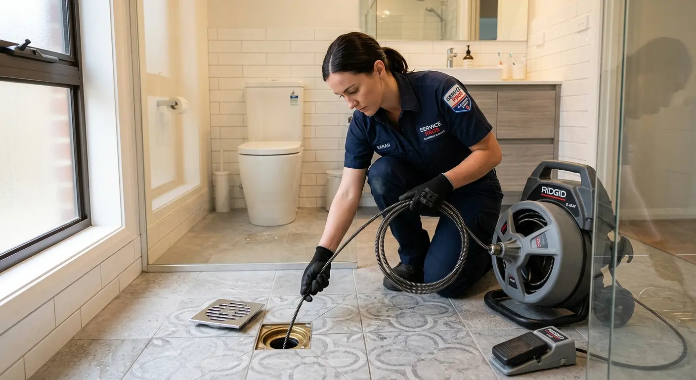 Technician clearing a bathroom floor drain for Clogged Drain Repair in Lauderdale-by-the-Sea